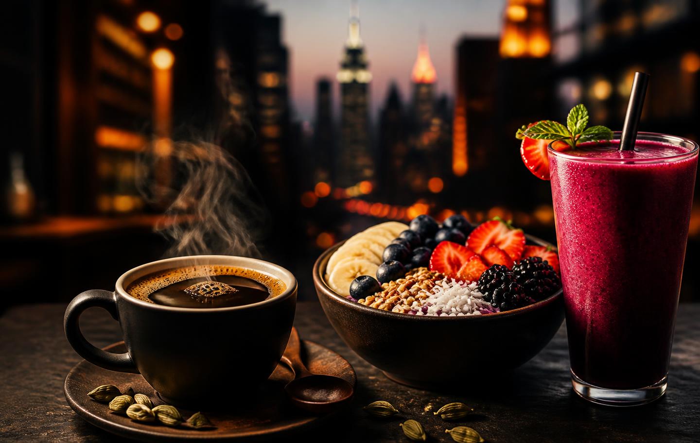 Steaming mofawar coffee with cardamom, fresh acai bowl and vibrant smoothie against the NYC skyline